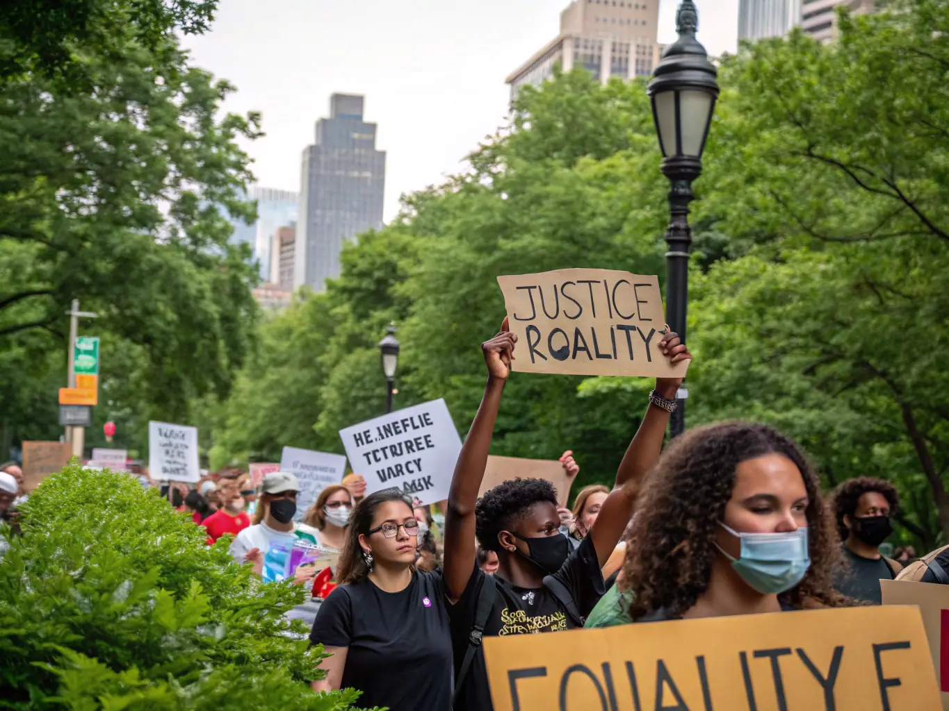 An image showing a diverse group of people protesting peacefully, representing social justice movements around the world.